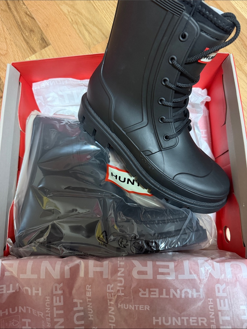 Hunter Big Kids Black Lace-Up Combat Rain Boots Size 5 Brand New